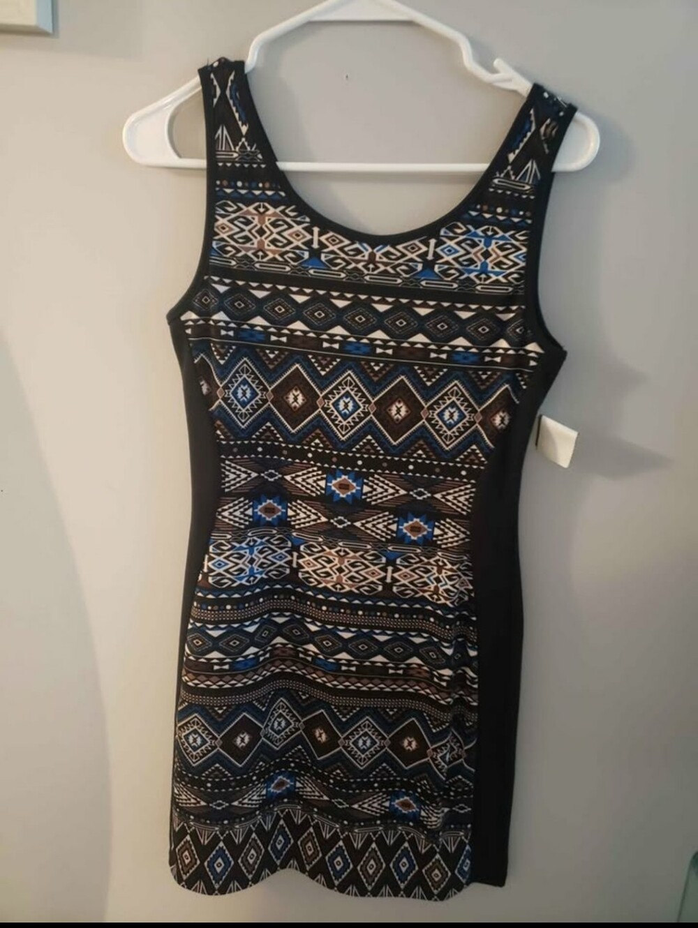 Bellamie Black Dress with Blue & Cream Aztec Print